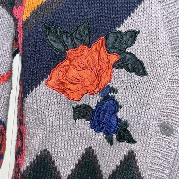 RETRO 80s chunky knit novelty funky patch sweater cardigan XL colorful kitsch - Picture 6 of 17